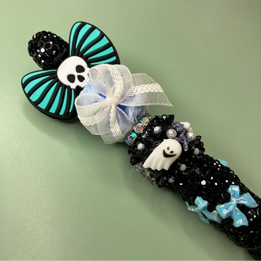 Blue and Black Skull Bow Floral Emo Aesthetic Rhinestone Handmade Beaded Pen